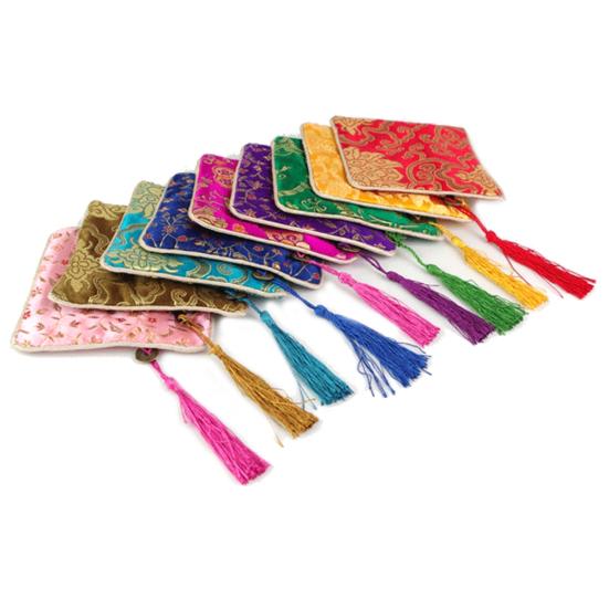 Stickerei-Blumensäckchen, quadratisch, Glückstasche, Quaste, Reißverschluss, Schmuck-Aufbewahrungstasche