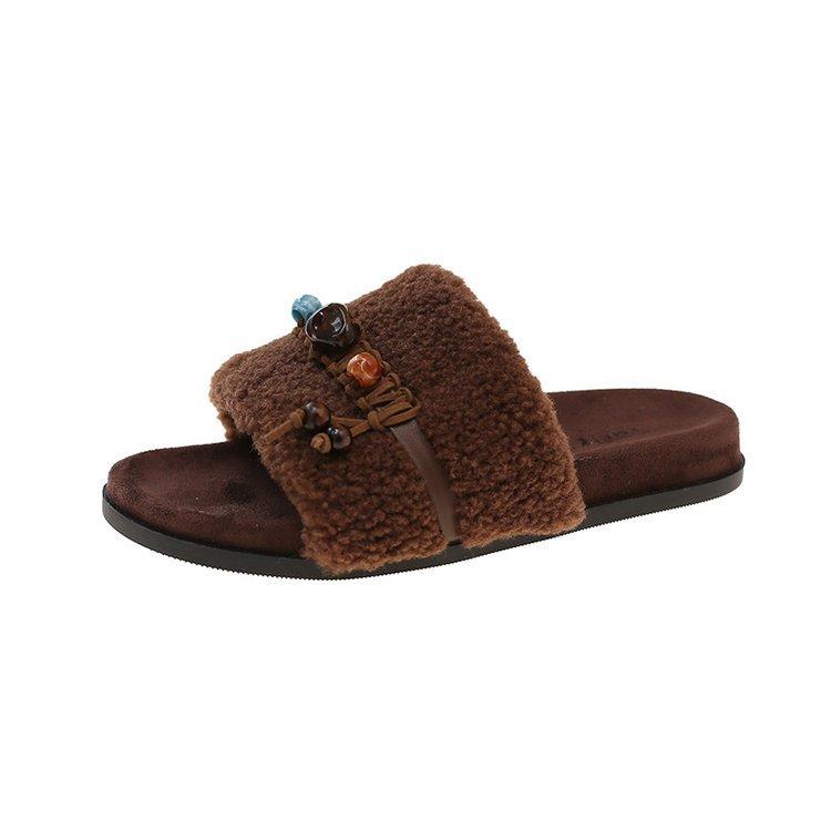 [Ushilai] 2025 autumn new lamb wool slippers women's one-word versatile flat-bottomed non-slip outer slippers