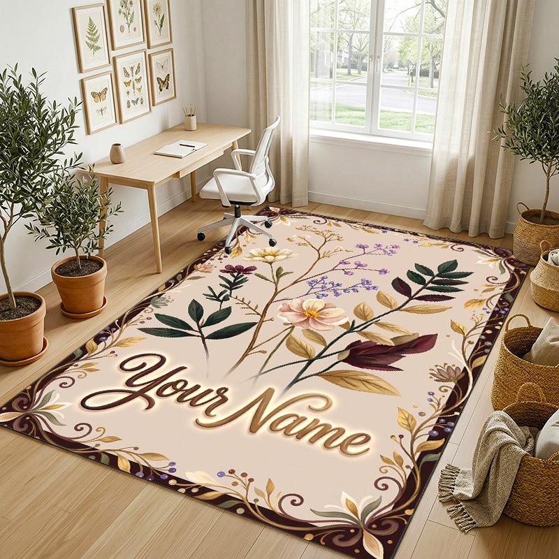 Floral Garden Theme Crystal Velvet Rug Personalized Custom Name Text Soft Floor Mat Home Decor