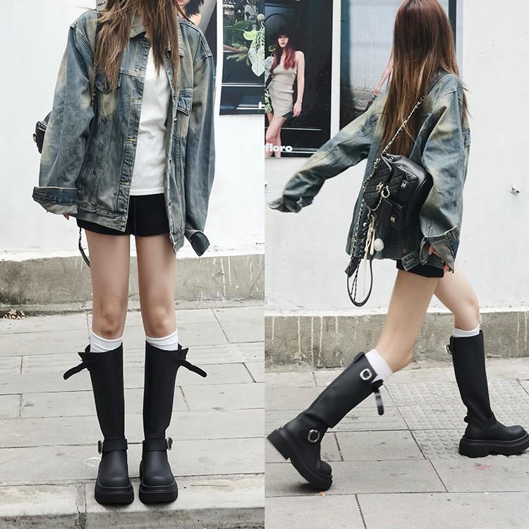 Version Cuir de Vache~ Boucle de Ceinture Mais Bottes au Genou Femme Tête Ronde Polyvalentes Semelle Épaisse Rehaussantes Noires Hautes Bottes de Chevalier Femme