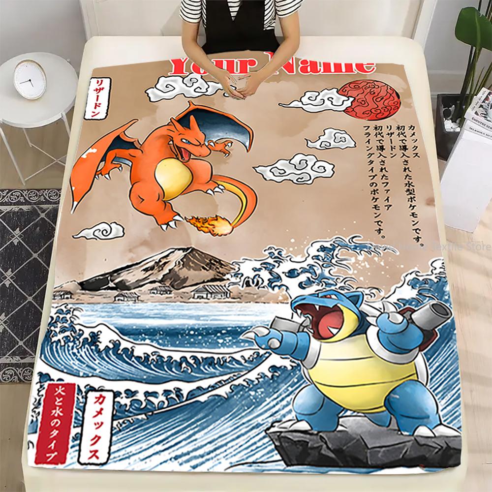 Customized Name Personalized Blanket Pokemon Charizard Flannel Blanket Home Sofa Lunch Break Blankets Children Student Kids Gift