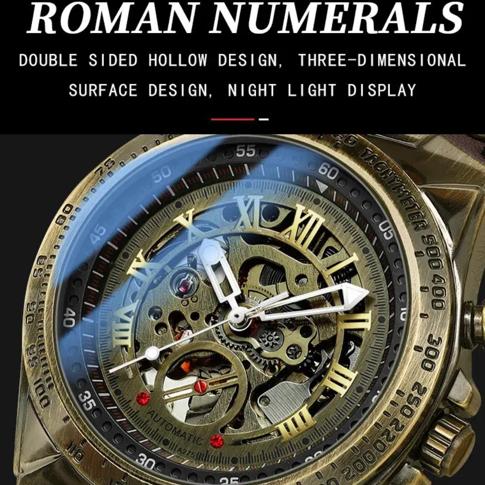 BINBOND Erkekler için Retro İskelet Steampunk Saat, Bronz Bezel, Otomatik Mekanik Saat, Deri Kayış, Su Geçirmez Erkek Kol Saati
