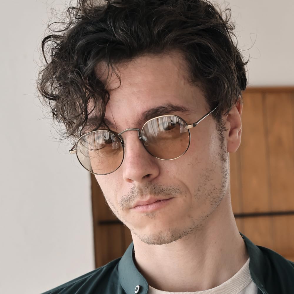 Gold Matte x Light Brown Fashion Boston Colored Slim [FashionBerry] 4. Sunglasses, Glasses, Style, Metal, Lenses, Unisex, Stylish, Fit, Lightweight,