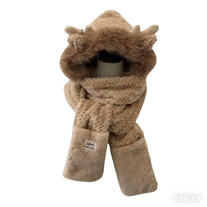 Fashion Elk Antlers Plush Hat Scarf Gloves Women's Winter Ear Protector Thickened Ear Muffs and Neck Warmer Hat Cycling Ski Cap Wind Proof