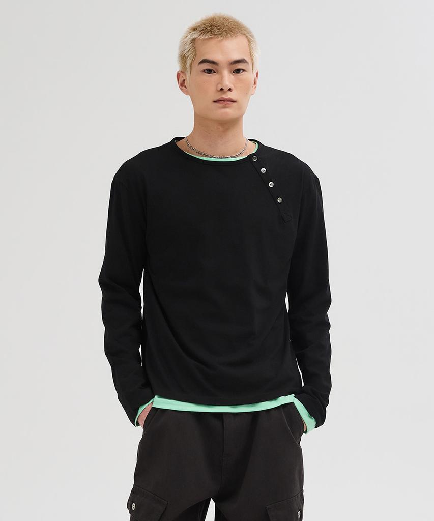 LEIRE Diagonales Henley-Langarm-T-Shirt [Schwarz]