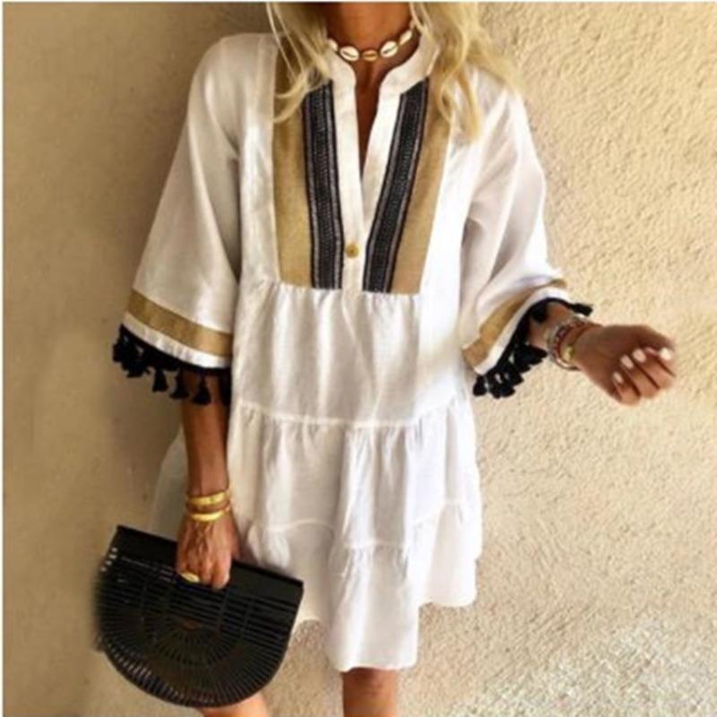 

IHUASU Fashion Summer Spring 3/4 Sleeves V-Neck Casual Dresses XXXL