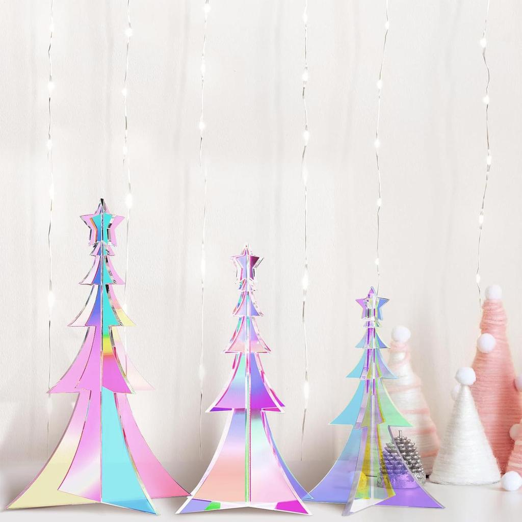 Prismatic Iridescent Christmas Tree 3 Pieces Iridescent Colorful Acrylic 3D Decor Holographic Desktop Christmas Tree for Indoor