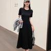 Black dress temperament long dress women's summer Hepburn style waist thin short sleeve casual round neck skirt