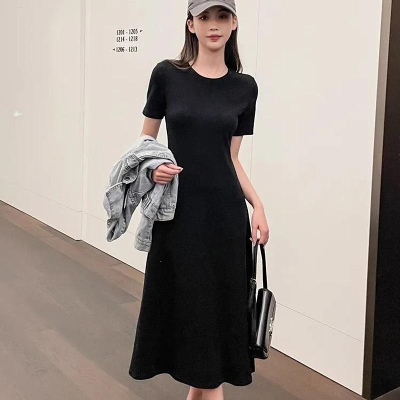 Black dress temperament long dress women's summer Hepburn style waist thin short sleeve casual round neck skirt