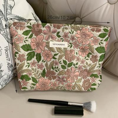 Polyester Canvas Flower Clutch Bag Large Capacity Zipper Closure Makeup Bag Flower Pattern Portable Travel Toiletry Bag