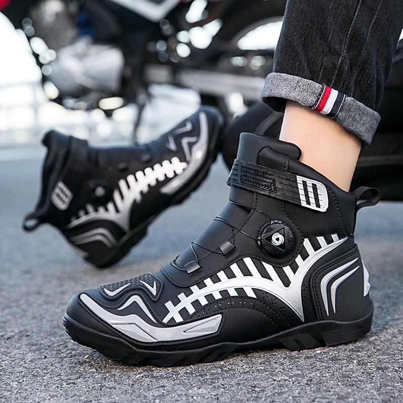Unisex Leather Motorcycle Boots Large Size Rotation Button Anti -slip Anti -collision Competition Riding Shoes