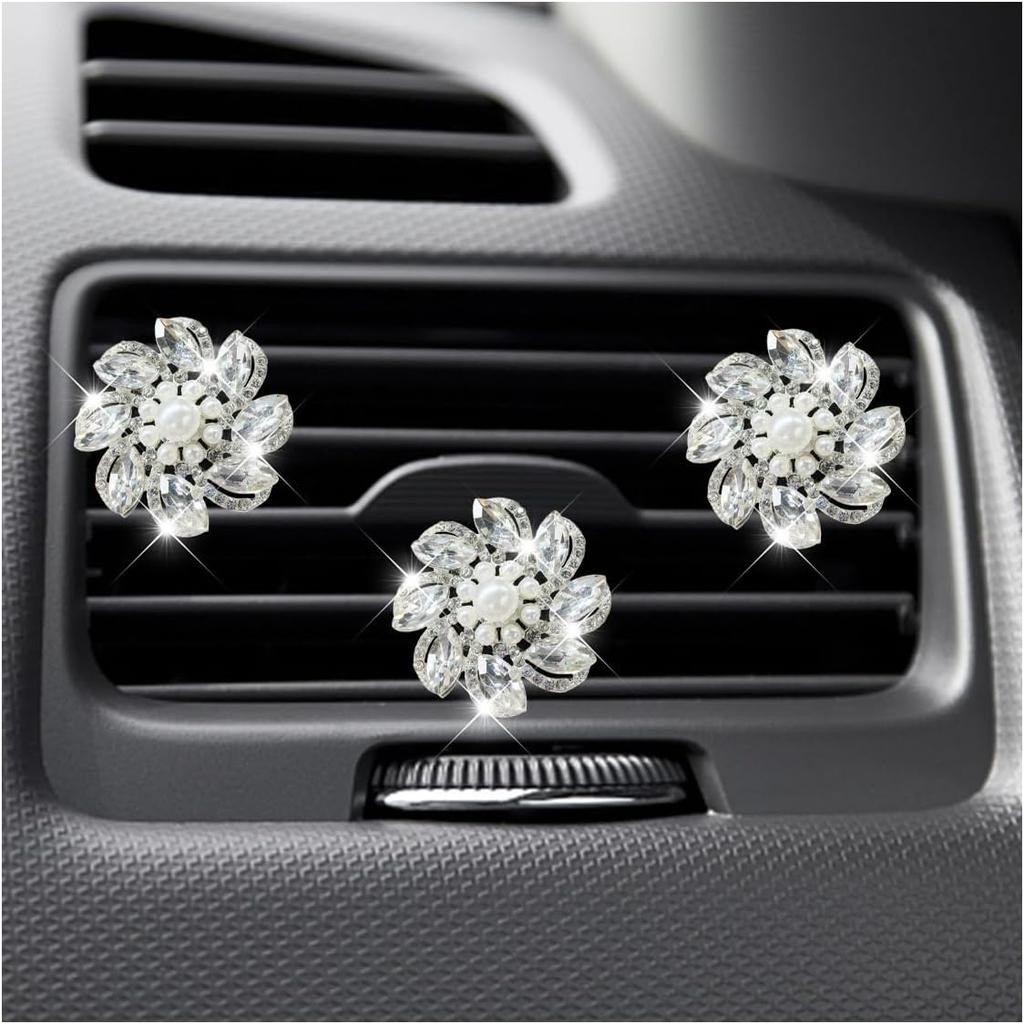 3PCS Bling Diamond Flower Car Air Vent Clips, Cute Crystal Rhinestone Interior Clip-On Air Conditioning Outlet Decoration, Car Vent Clip Charm for