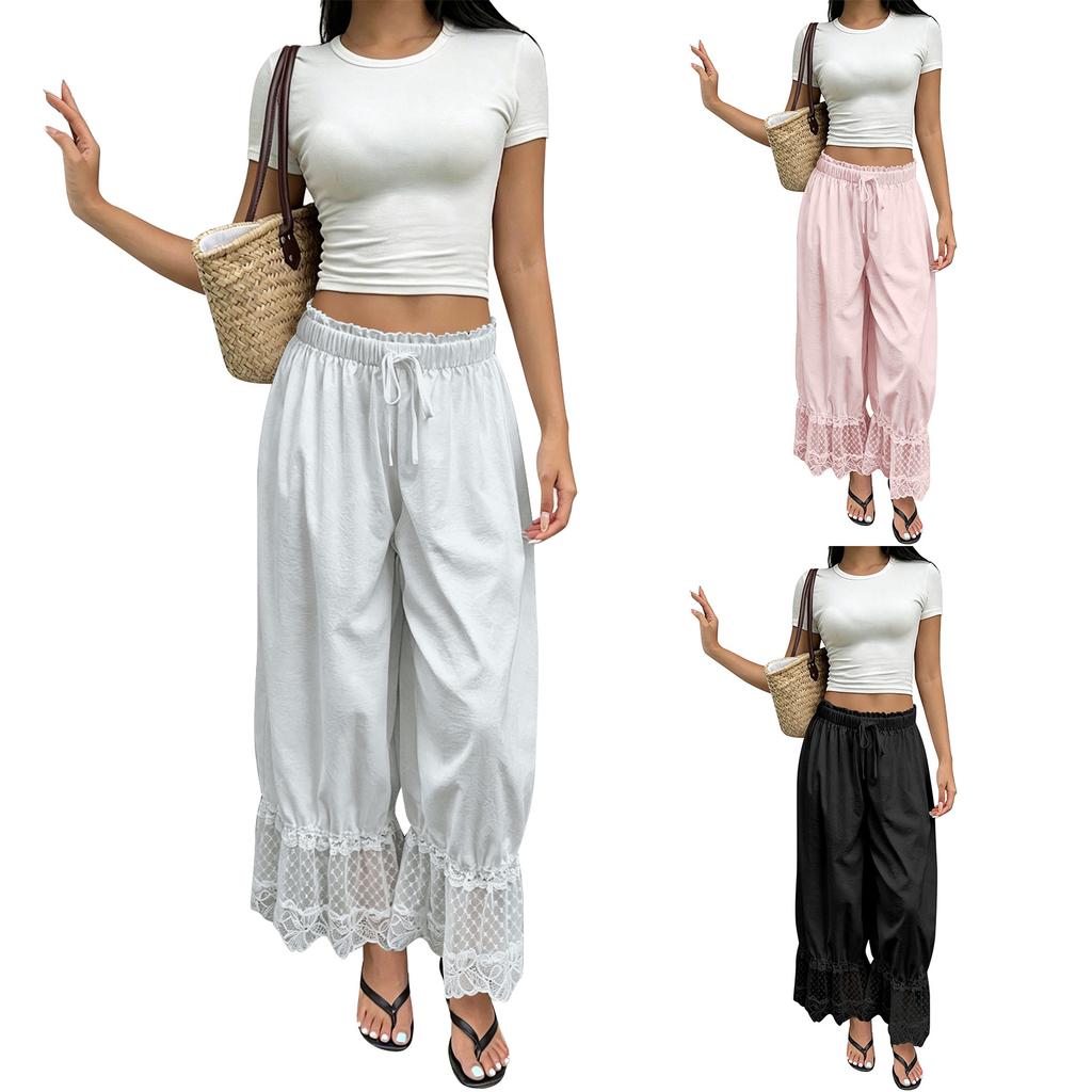 Damen Spitzenbesatz Rüschensaum Weites Bein Hoher Bund Lange Lockere Hose Vintage Stil Strand Reise Urlaubs Hose