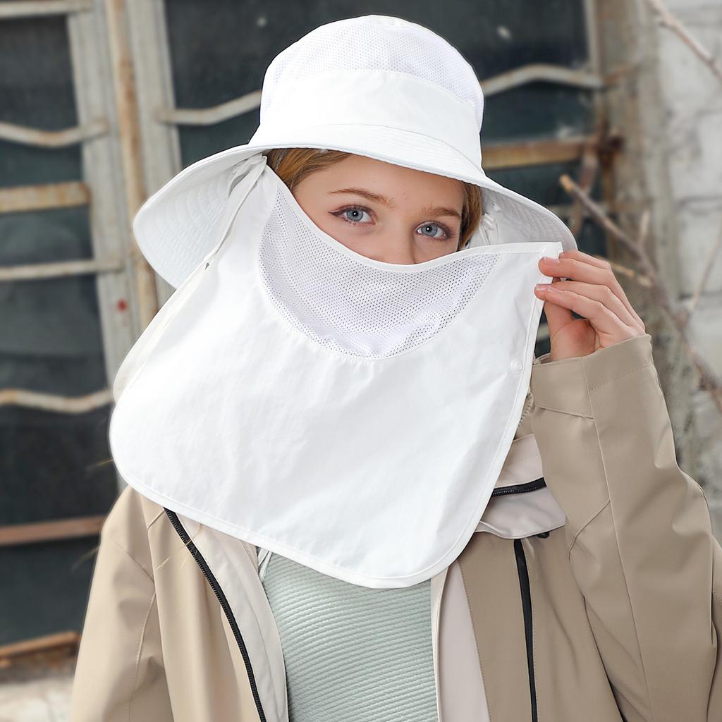 Full cover face sunscreen mask outdoor UV protection bucket hat summer breathable big brim shawl sun hat