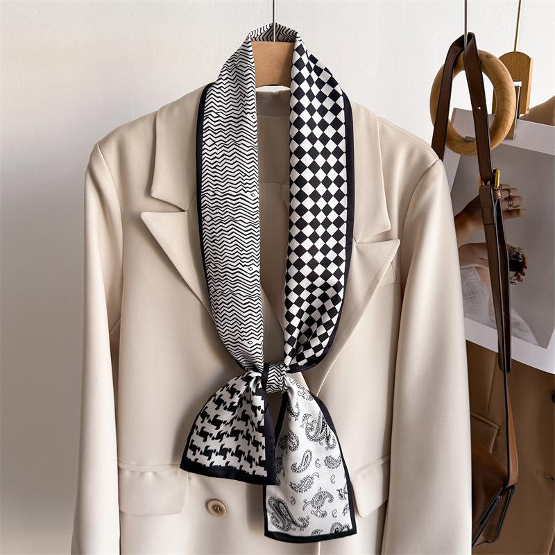 Geometry Plaid Small Silk Scarf Women Tie Bag Headband Double-Layer Printing Hairband Neckerchief Ribbon Luxury Decorate