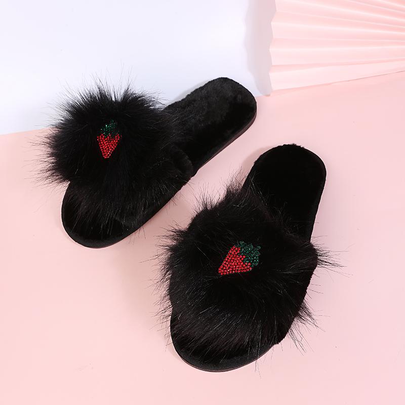 Fashion Cute Cartoon Animal Fur Slippers Women Open Toe Lightweight Plush Slippers Woman Winter Indoor Faux Fur Cotton Slides Ladies