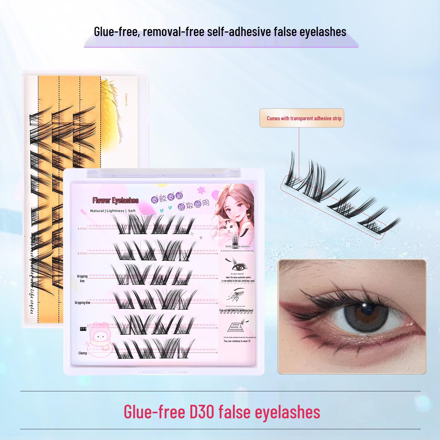 

D30 Reusable Segmented False Eyelashes - Transparent Band, Fine, Dense, Curled