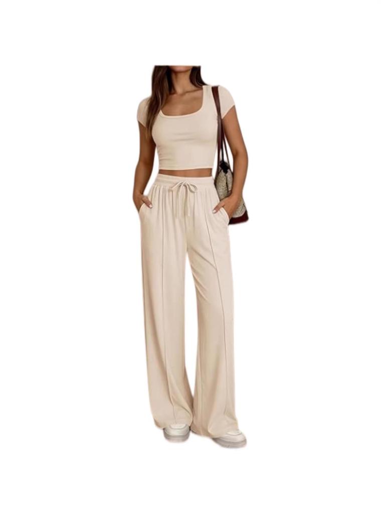 2026 Spring/Summer European & American Women's Casual Slim-Fit Two-Piece Set - Short Sleeve & Long Pants