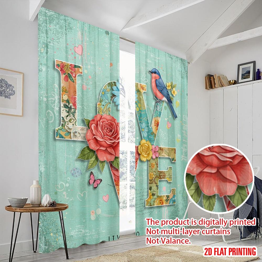 2pcs,2D plane printing Curtains&Window Treatment LOVE bird floral art Polyester Easy Install (without rod) Home Decor Perfect