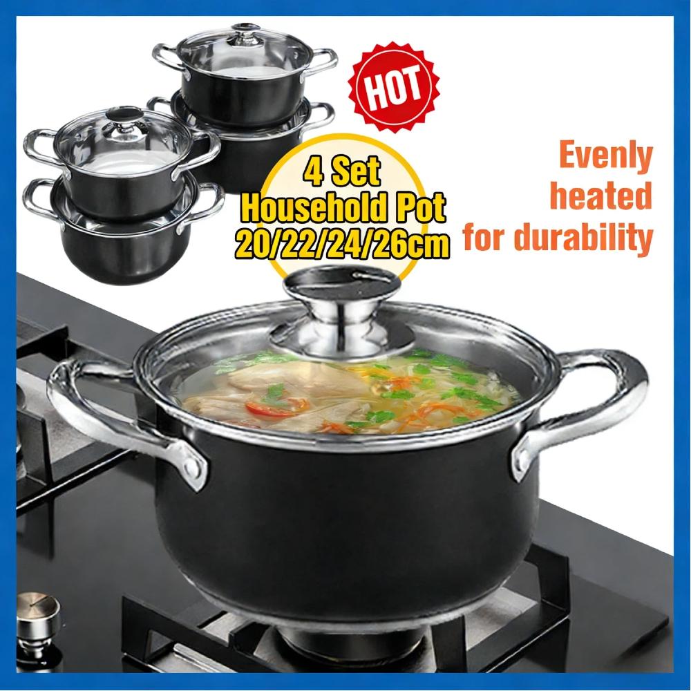 4Set Anti-Scratch Stainless Steel 20/22/24/26cm Stockpot Set with Glass Lid Tri-Ply Base Soup Cookware for All Kitchen Stove
