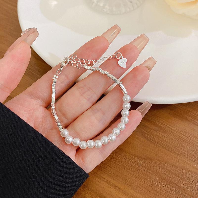 Korean Retro Pearl Titanium Steel Women's Bracelet - High-End Ins Style Beaded Bangle for Couples