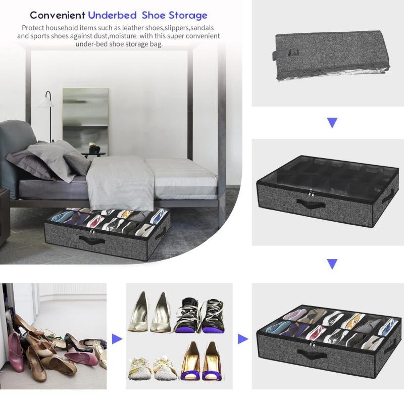 Under Bed Shoe Storage Organizer Fits 12 Pair Sneakers, Sturdy Structure Ultra Thick Fabic Sneaker Storage, Foldable Shoe Boxes