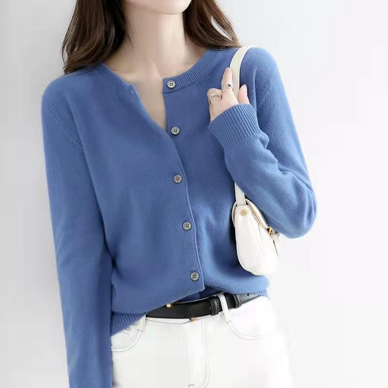 Herbst- und Winterstrickjacke Damen Lockerer Pullover Rundhalsjacke Lässige Strickjacke Einfarbiges Basisstrickjacken-Jacket