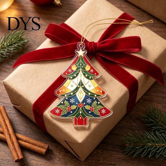 2D Flat Xmas Tree Decoration Acrylic Christmas Ornament, Vintage Stained Multipurpose Holiday Party Ornament Glass Style Hanging Pendant, Festive