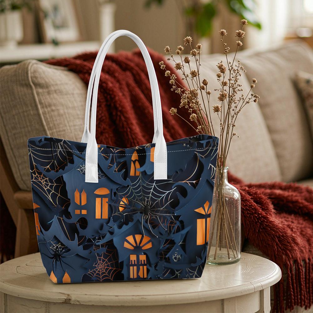 Halloween Themed Tote Bag With Spider Web Bat And Spooky House Print Large Capacity Handbag For Daily Use And Holiday Outings