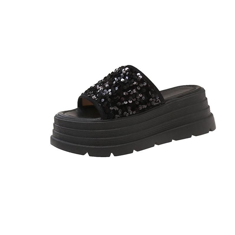 Platform slippers women's summer wear new beautiful heightening beach shoes one-word drag slope heel fashion