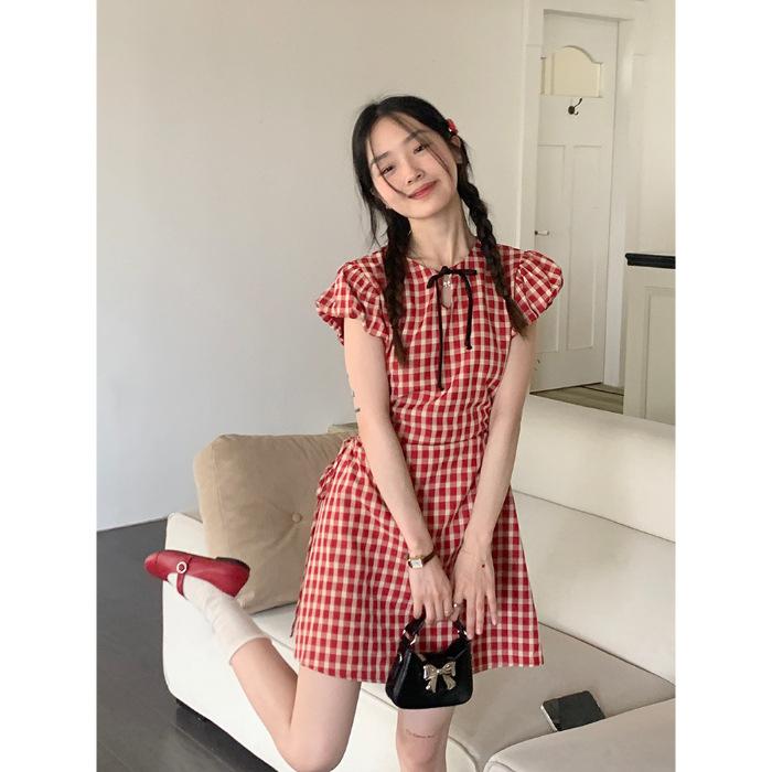 

[Original practice + zipper] Spice girl hollow plaid skirt women s summer slim and thin high cold imperial sister style jumpsuit S