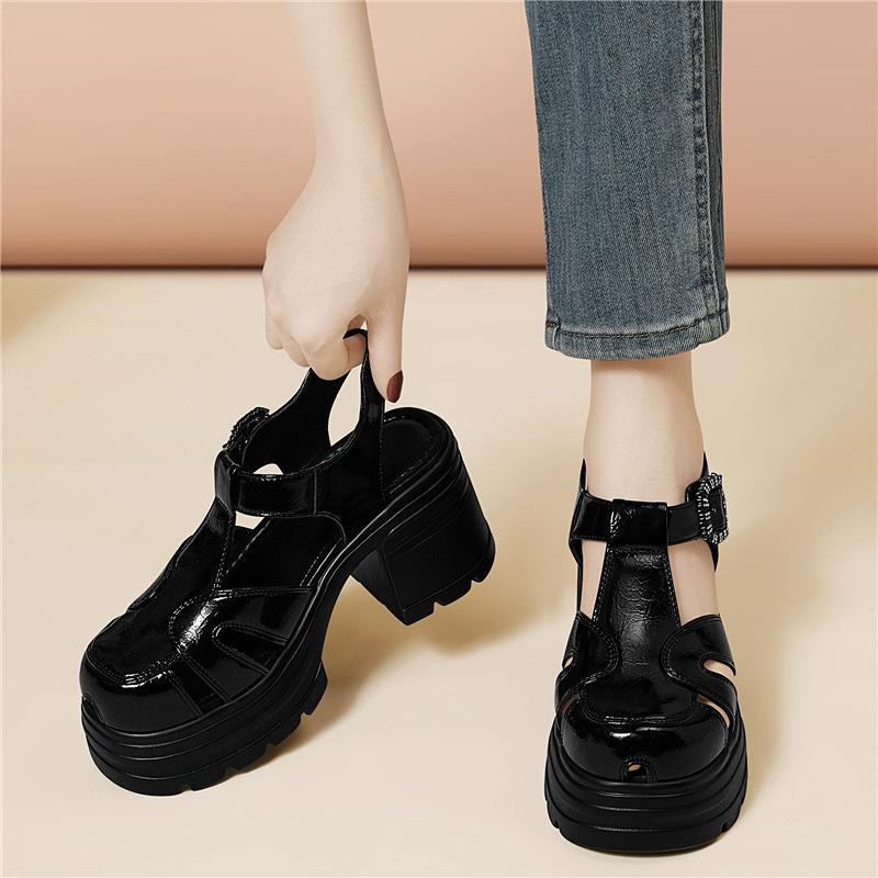 Roman hollow black sandals heightened thick-soled cm outer wear bag head single shoes foreign fashion casual explosive women s shoes 34