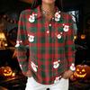 Women's Casual Christmas Print Long Sleeve Button Blouse with Lapel Collar and Side Slits