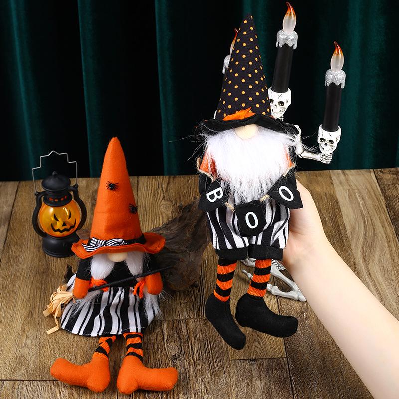 Halloween Witch Gnome Broom Decoration with Black Hat and Long Legs Pumpkin Ornament