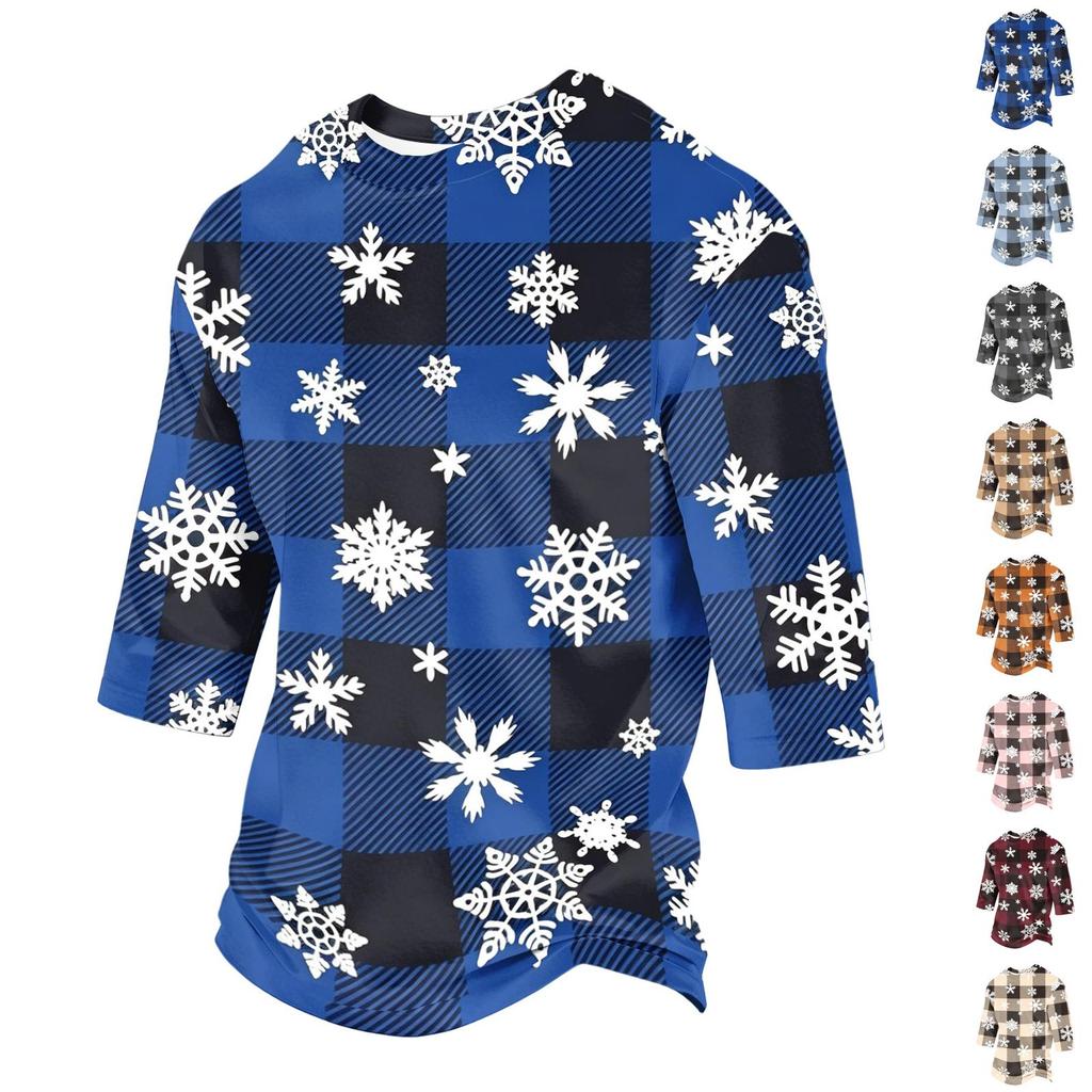 Men's Casual Neck Three-Quarter Sleeve Christmas Print T-Shirt for Holiday Festive Wear