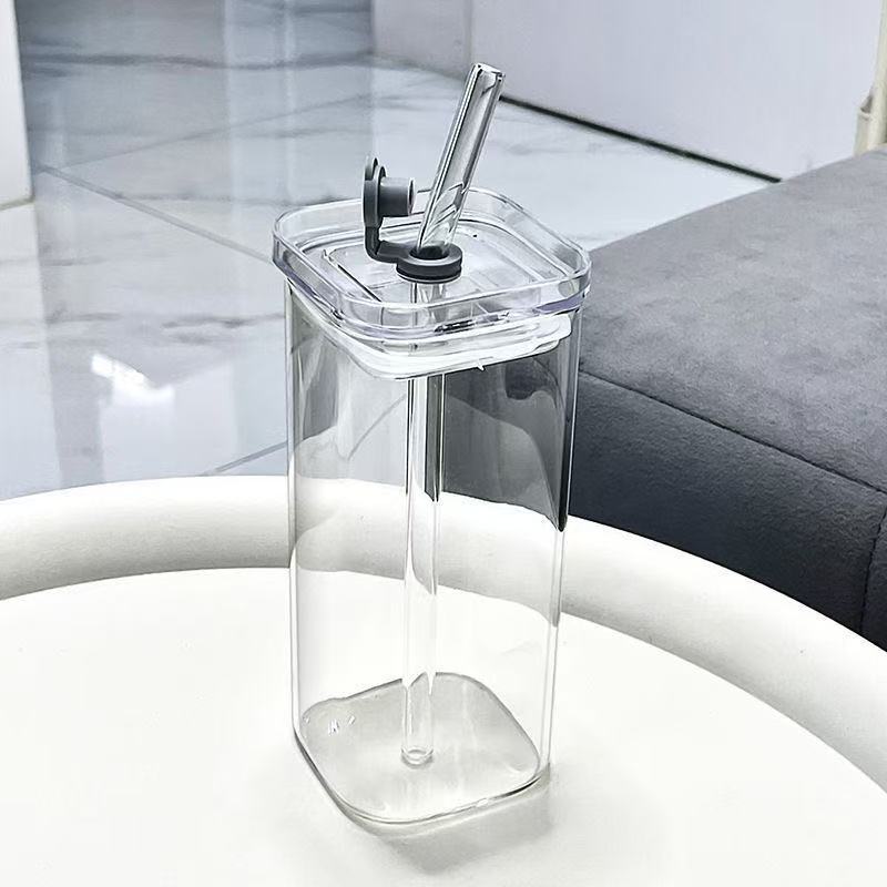 Summer straw water cup new women s high appearance household transparent square glass without handle resistant to high temperatu чистый