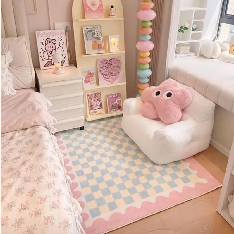 

Pink Blue Checkerboard Bedside Carpet Cute Dopamine Bedroom Rug Fashion Ins Advanced Light Luxury Soft Coffee Table Mat Tapis 50x80cm (19x31inch)