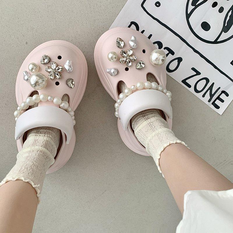 Fashion String Bead Glitter Slides Shoes Woman 2025 Cover Toe House Slippers Platform Jelly Flat Crystal Glitter Slides String Bead Cove