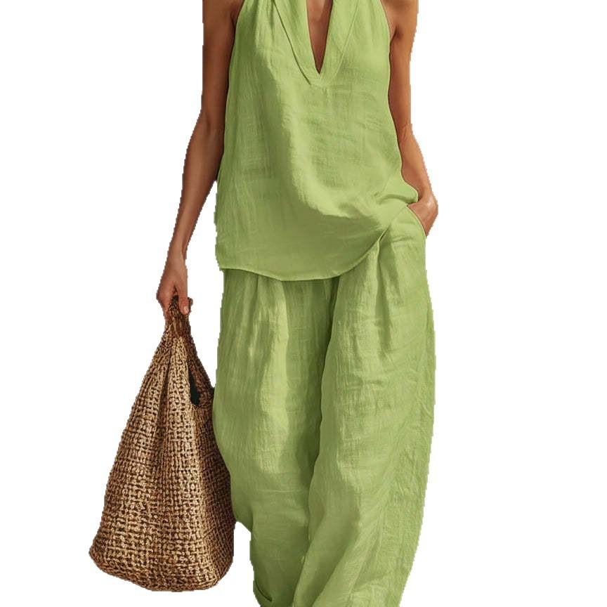 Khaki Sleeveless Halter Neck Two Piece Set with Wide Leg Pants