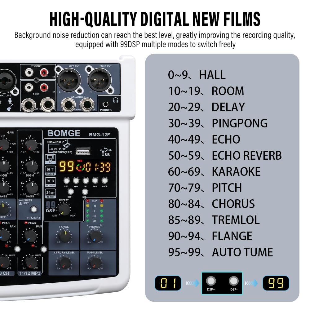 BOMGE Professional Audio Bluetooth Studio Mixer with 48V and 99 DSP Effects Professionals and 12-Channel Mixer, USB, Power, XLR/RCA Inputs, (For