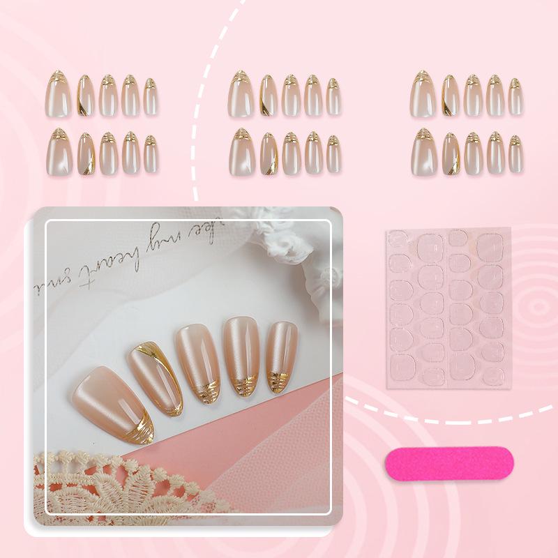 Cat Eye Gold Foil Medium Nails with Gold Edging - Handmade and Exquisite Design