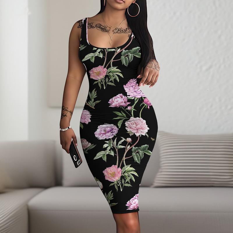 Floral 3D Print Bodycon Midi Dress Office Wear Stretchy Fit U-Neck Sleeveless 2025 Collection