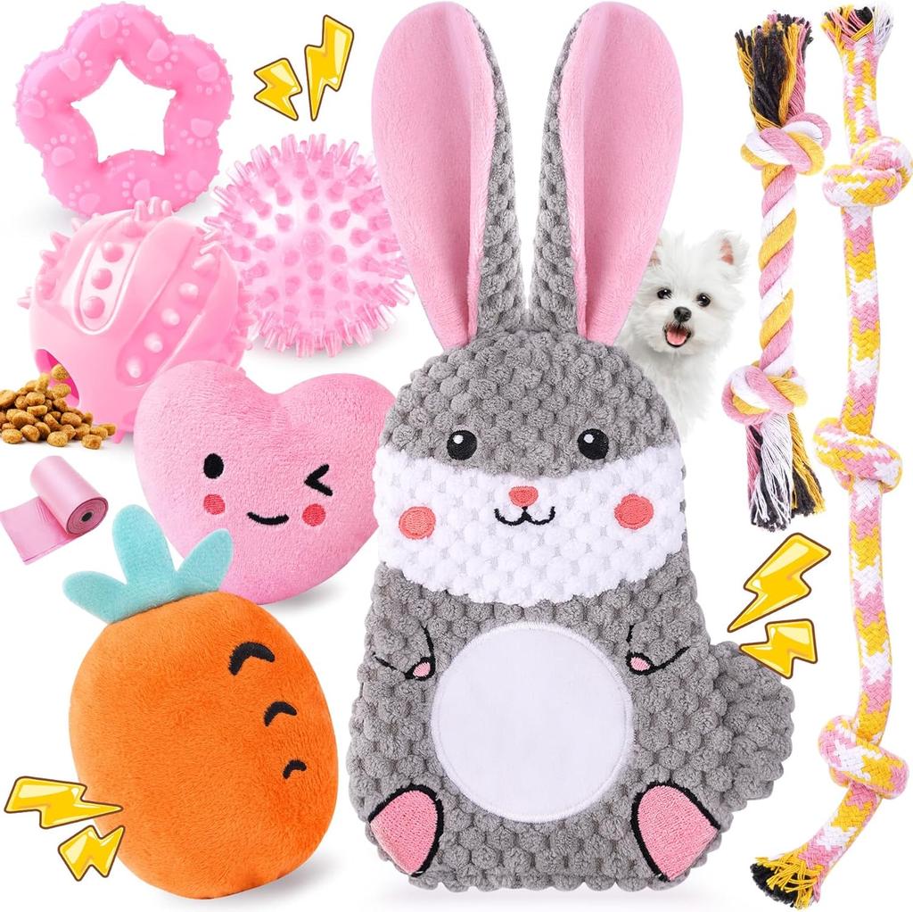 Συσκευασία 9 Πολυτελών Παιχνιδιών για Κουτάβια για την Οδοντοφυΐα Μικρόσωμων Σκύλων, Παιχνίδια Μασήματος για Κουτάβια με Χαριτωμένα Σκυλοπαιχνίδια που Τρίζουν, Μπάλα και Περισσότερα Σχοινιά Παιχνίδια Μασήματος για Σκύλους