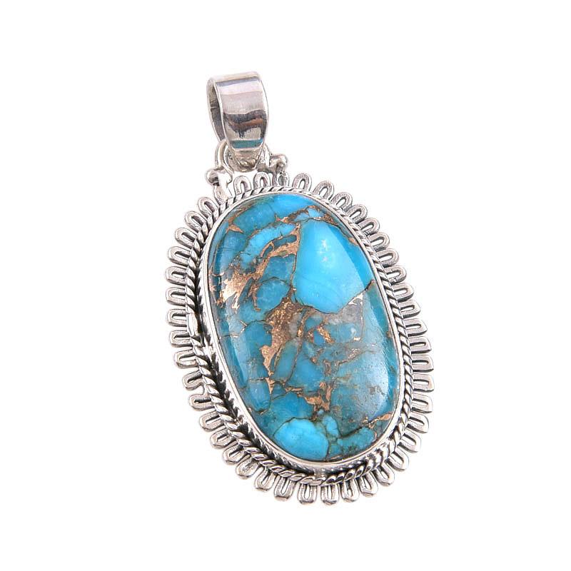 Natural Blue Copper Turquoise Gemstone 925 Solid Silver Gift Pendant 1.75" L1v57