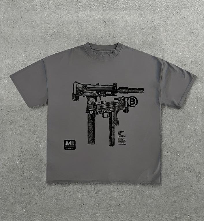 Unisexs Gun Pattern TShirt Black Street Casual ShortSleeved TShirt White Line Art LooseFitting RoundNeck Summer Top