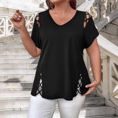 Yousheng Women Summer T-shirt V-Neck Short Sleeve Solid Color Loose Fit Casual Tops with Hollow Cross-Band Design