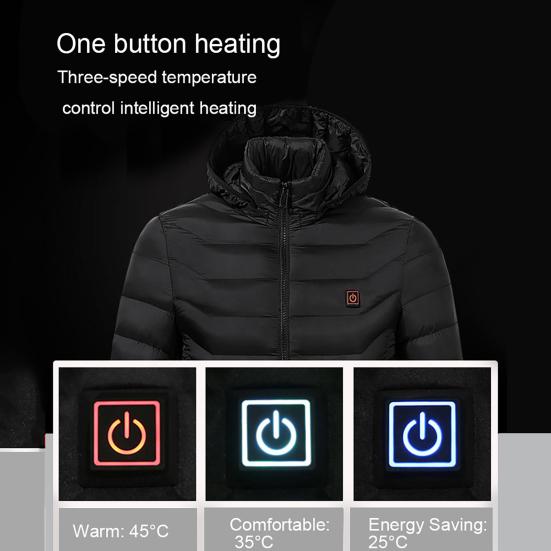 Heating Jacket Stand Collar Pockets 2 Heating Areas 3 Levels Adjustable Hooded Coat for Men