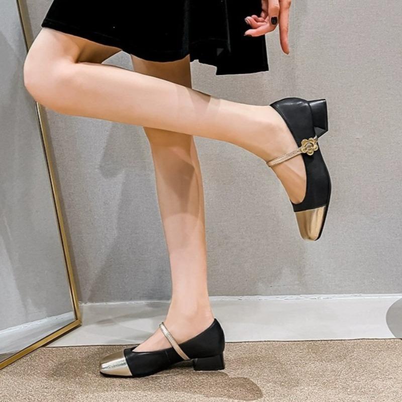 Luxury Branded Women Mary Jane Shoes Square Toe Chunky 3CM High Heels Pumps Light Shallow Buckle Strap Casual Flats Shoes Spring