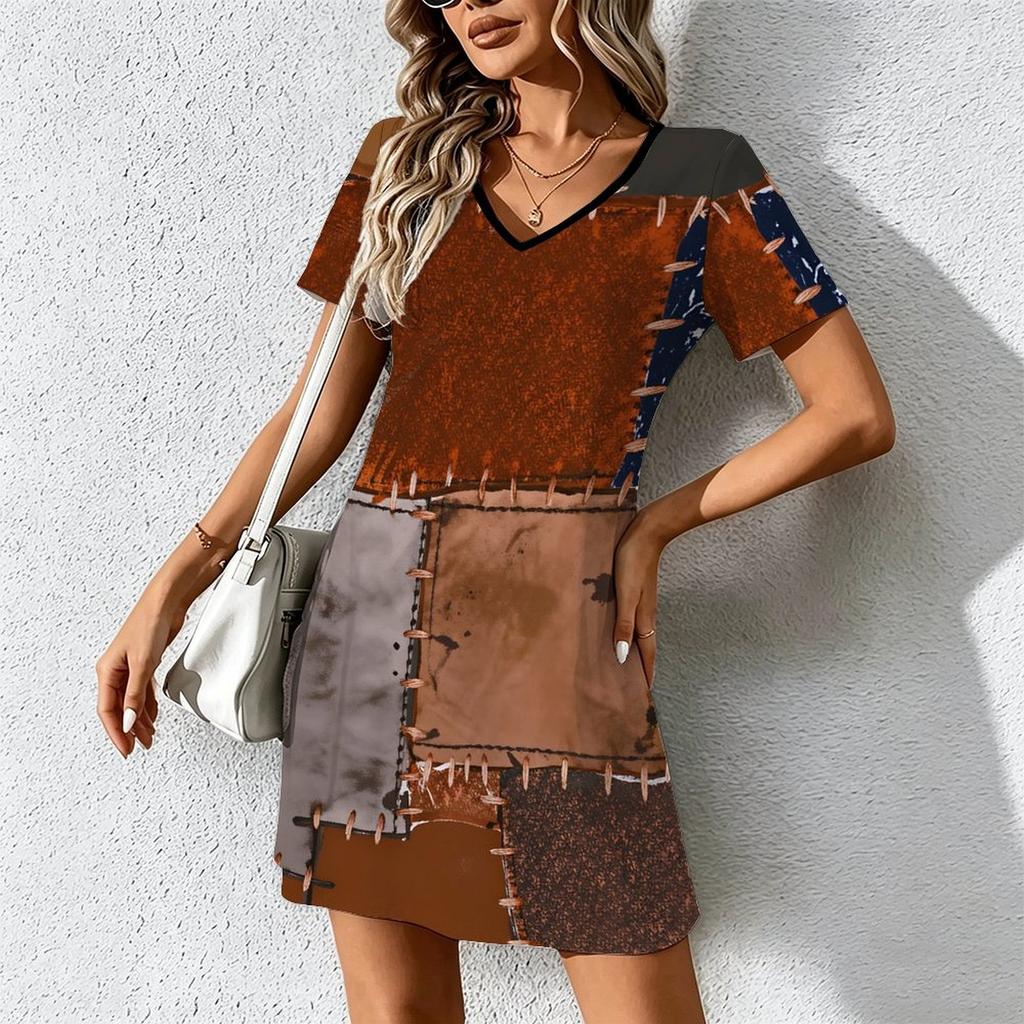 Summer Fashion Women's V Neck Short Sleeve Retro Geometric Pattern Printed Dress Sex Short Skirt Dresses