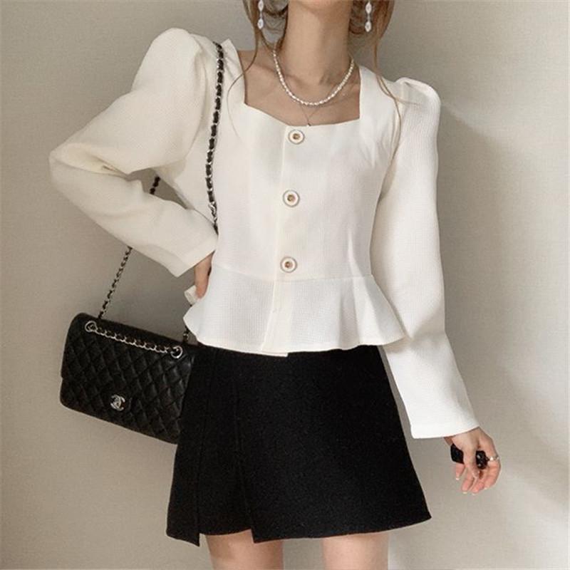 Korean Retro Ruffled Square Collar Shirt - Women's Spring/Autumn 2025 Fashion
